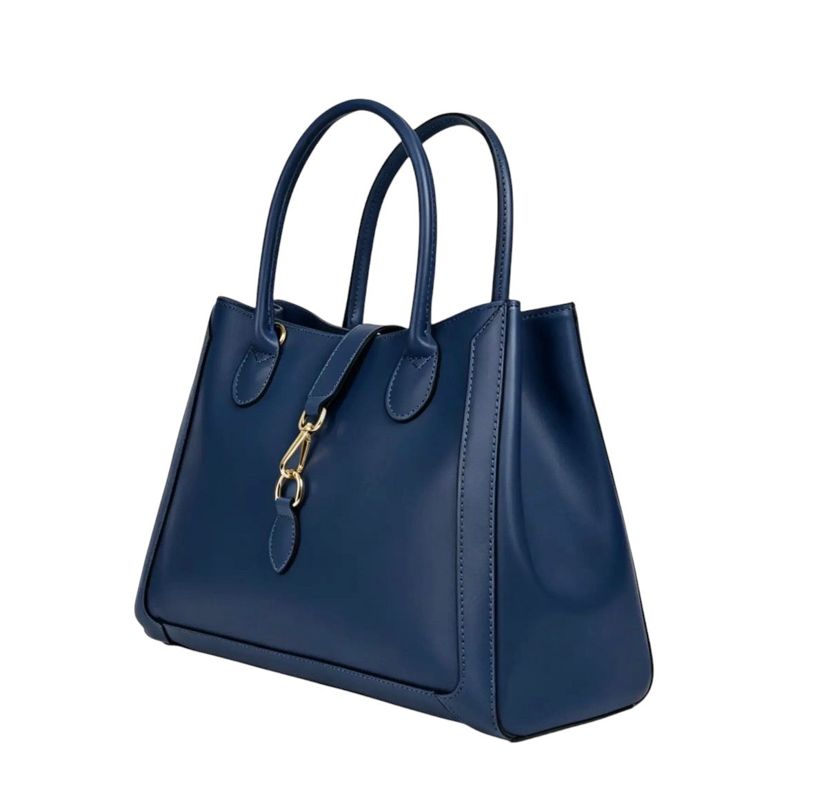 Borsa tote Lala Collection Gilda in vera pelle spazzolata blu con manici rigidi e dettaglio moschettone dorato