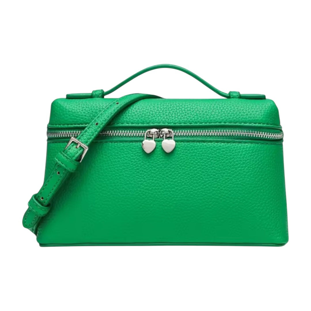 Lala Collection green leather mini bag with adjustable strap and heart-shaped zipper pulls, made in Italy.
