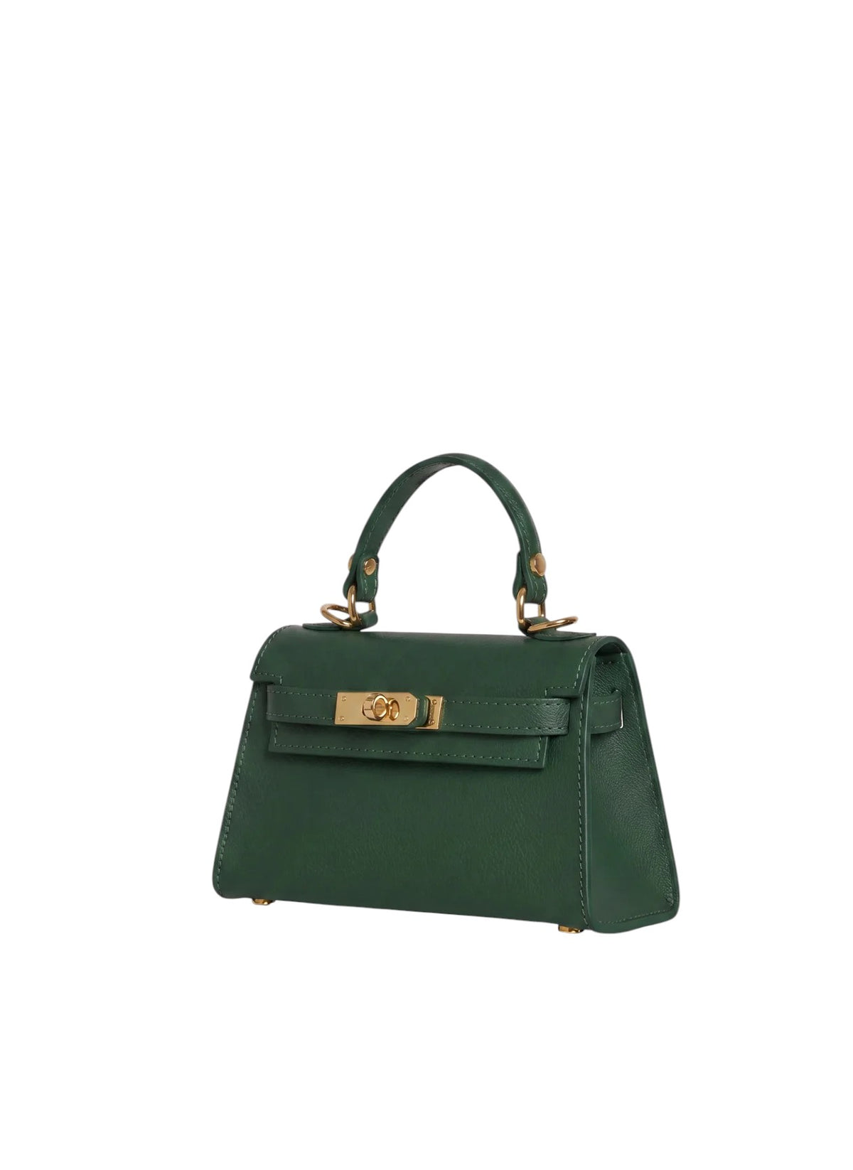 Lala Collection green mini leather handbag with gold hardware, top handle, and adjustable strap.