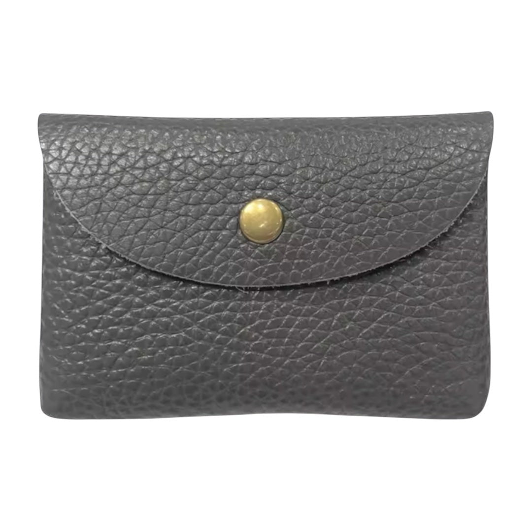 Lala Collection compact grey pebbled leather card holder with a gold snap button closure