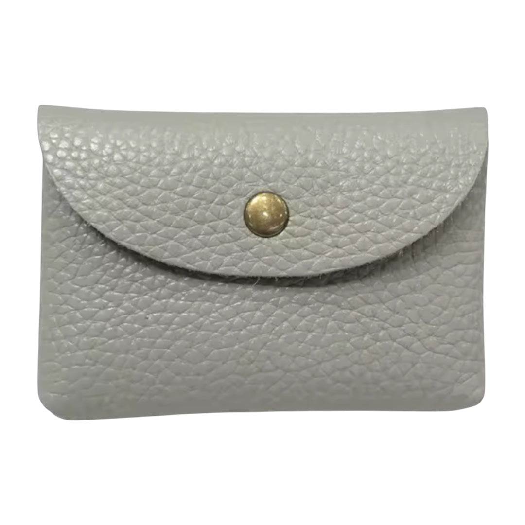 Lala Collection compact grey genuine leather card holder with a gold-tone snap button closure