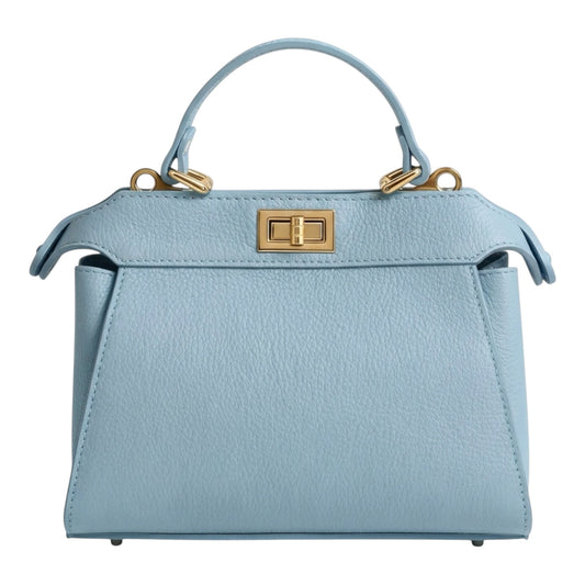 Lala Collection light blue Italian leather Ginger Bag with gold turn-lock closure and top handle