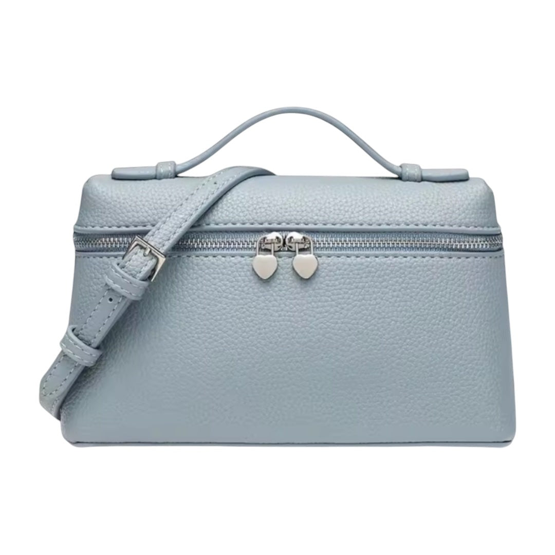 Lala Collection light blue leather mini bag with heart-shaped zipper pulls and adjustable shoulder strap