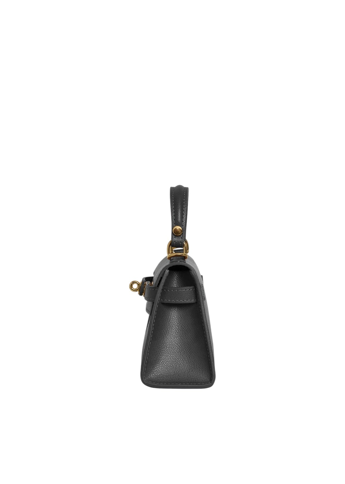 Lala Collection Lulù Bag Mini in black Epsom leather with gold-tone hardware, side view showing handle and strap.
