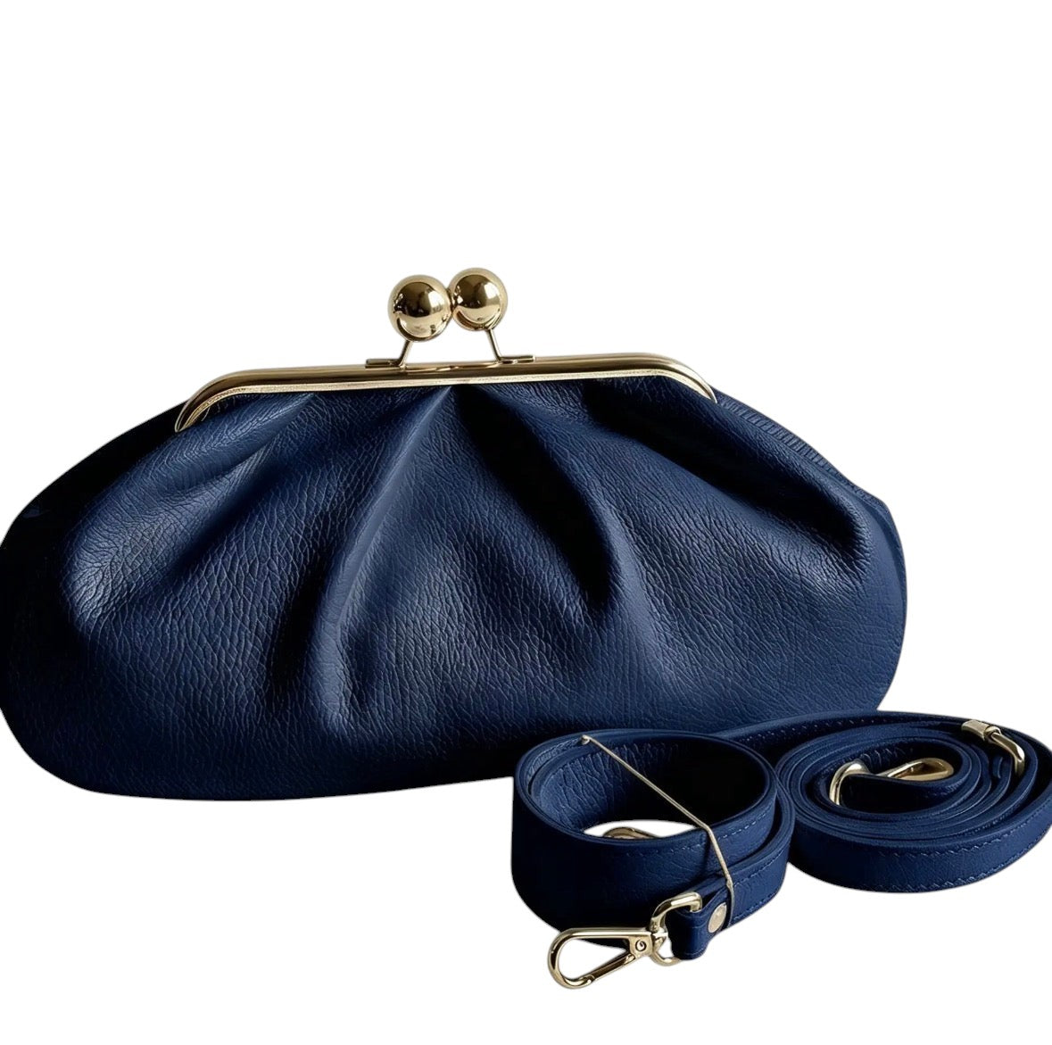 Lala Collection navy blue Italian leather Pouff Bag with a gold kiss-lock clasp and detachable shoulder strap