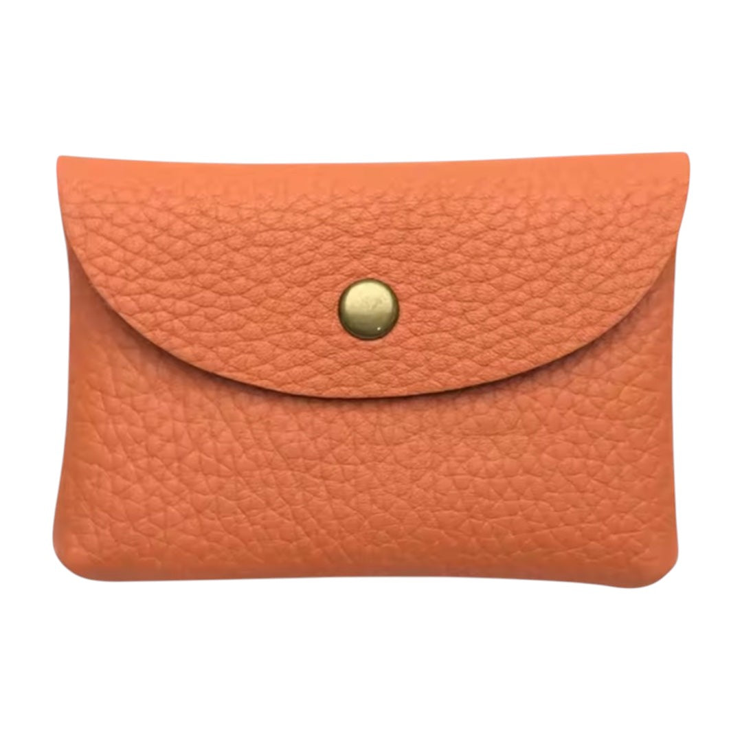 Lala Collection orange genuine leather card holder with a gold snap button closure