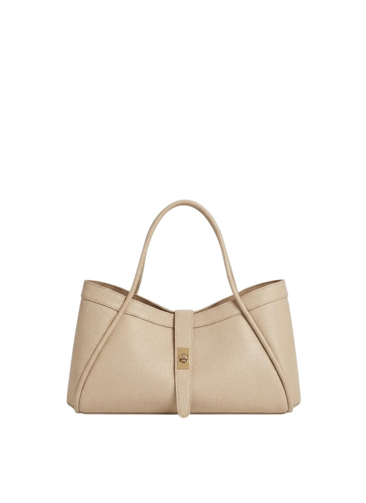 Lala Collection PAULINA beige Italian leather tote bag with gold twist lock closure and structured shoulder straps