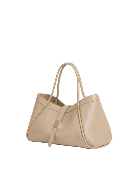 Lala Collection Paulina beige Italian leather tote bag with gold twist lock closure and comfortable shoulder straps