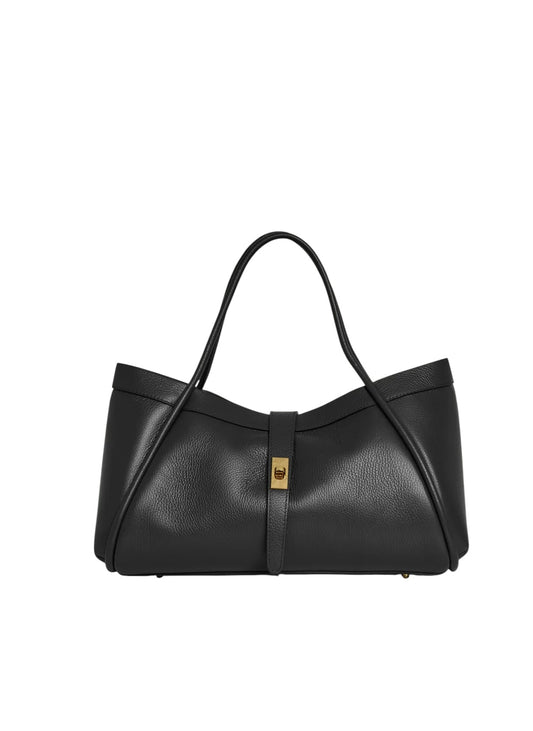 Lala Collection PAULINA black Italian leather tote bag with gold twist lock hardware and shoulder straps