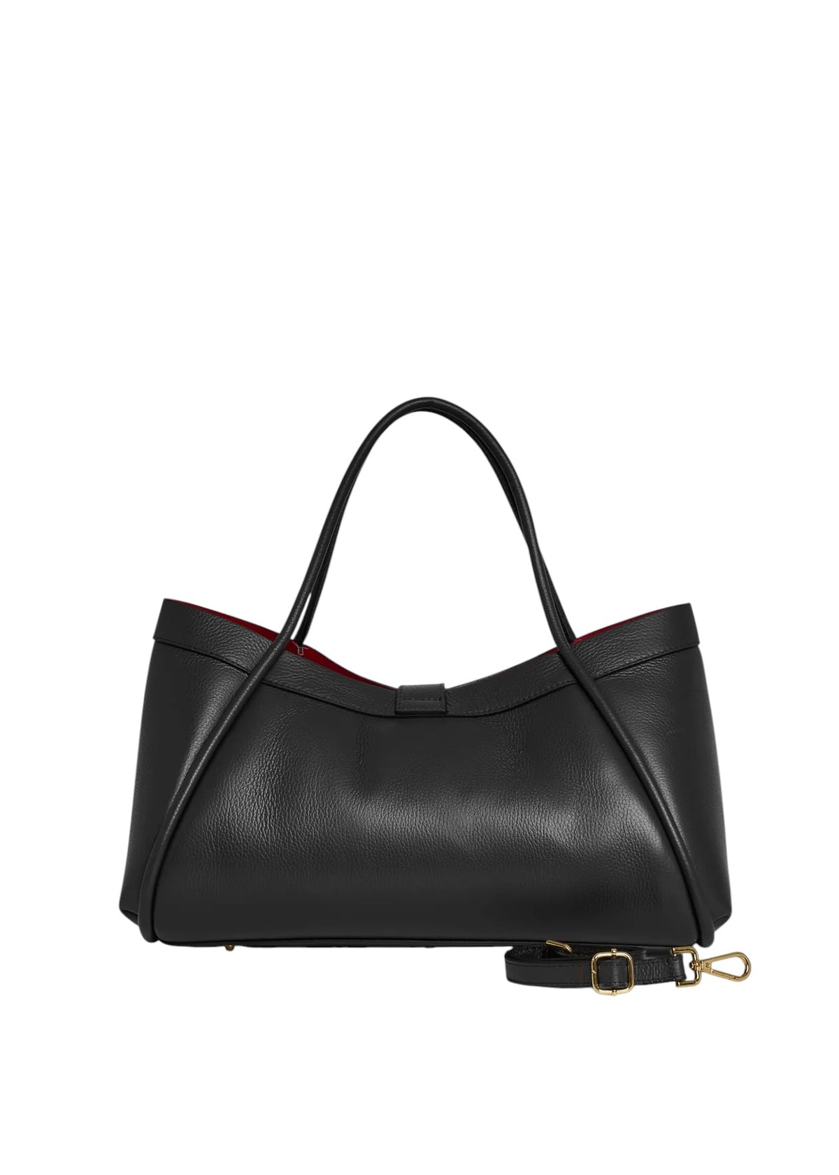 Lala Collection Paulina black Italian leather tote bag with gold hardware and red interior lining