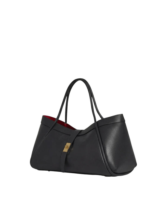 Lala Collection Paulina black Italian leather tote bag with gold twist closure and contrasting red interior lining