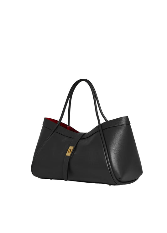 Lala Collection PAULINA black Italian leather tote bag with gold twist lock and contrasting red interior lining