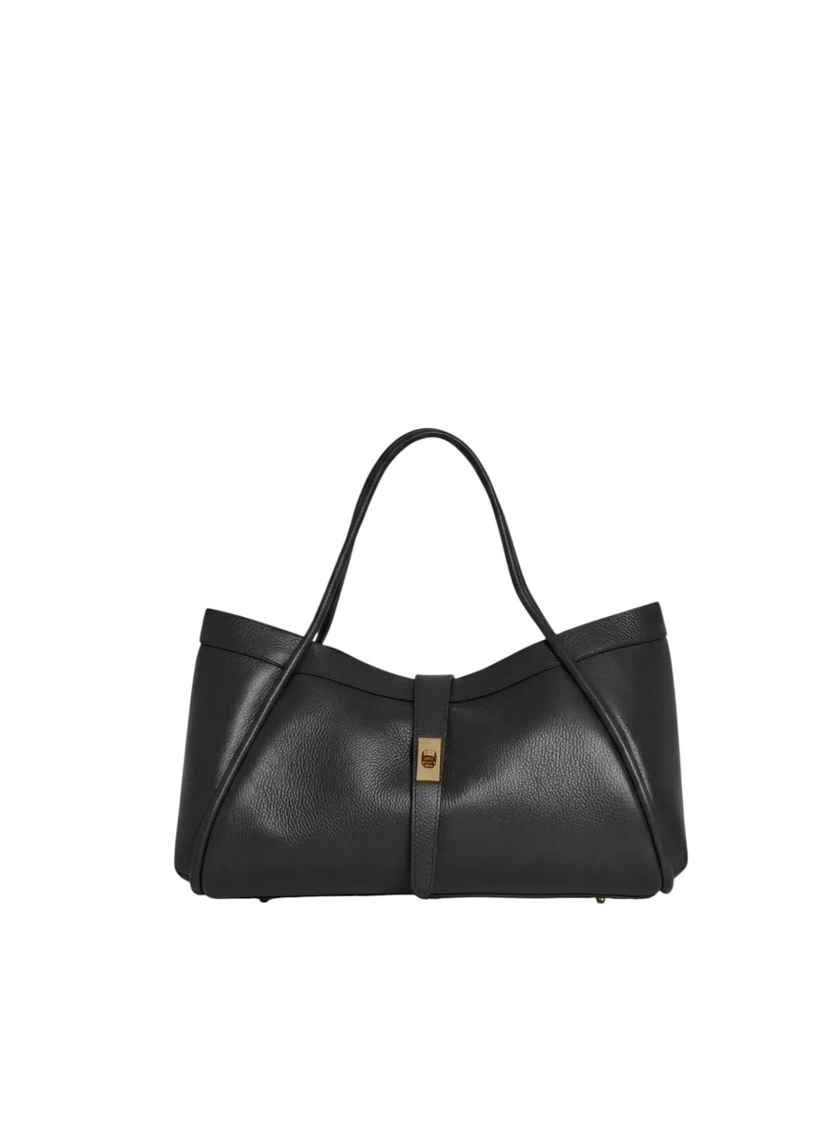Lala Collection PAULINA black Italian leather tote bag with gold twist lock hardware and shoulder straps