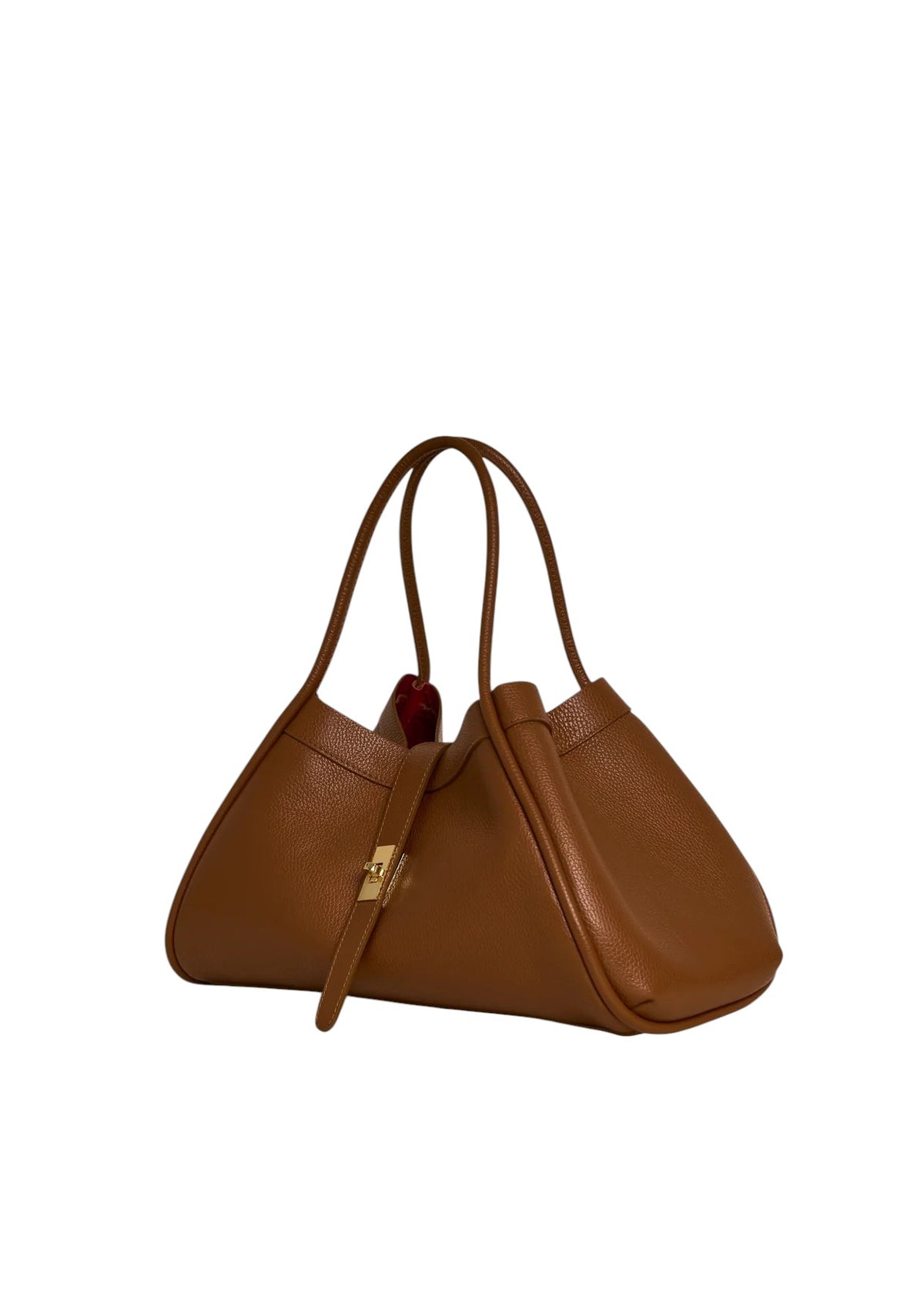 Lala Collection PAULINA brown Italian leather tote bag with gold twist lock and red interior lining