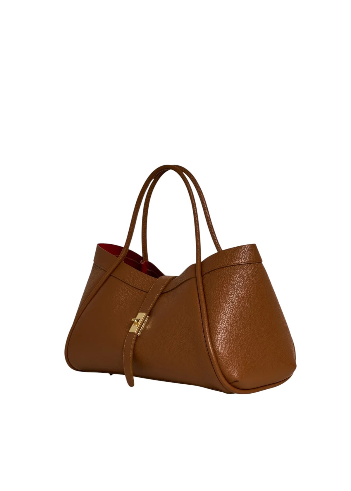 Lala Collection PAULINA brown Italian leather tote bag with gold twist lock and red interior lining