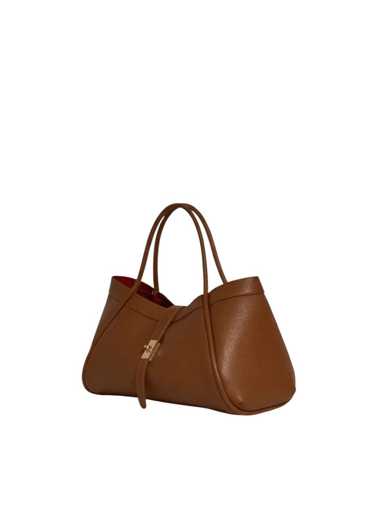 Lala Collection PAULINA brown Italian leather tote bag with gold twist lock and red interior lining