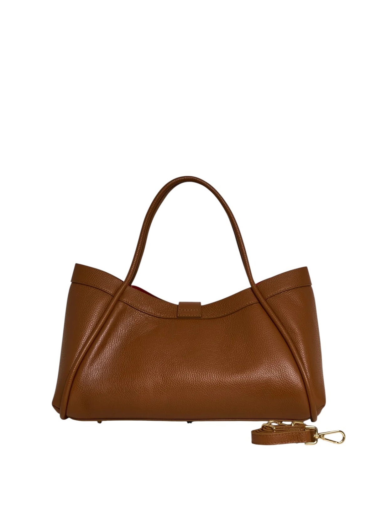 Lala Collection PAULINA brown Italian leather tote bag with gold hardware and red interior lining