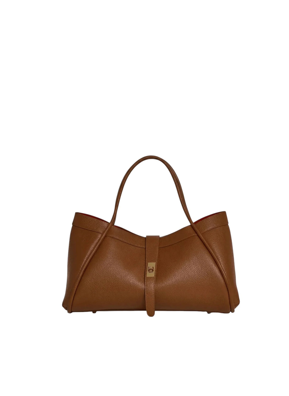 Lala Collection PAULINA brown Italian leather tote bag with gold twist lock and red interior lining