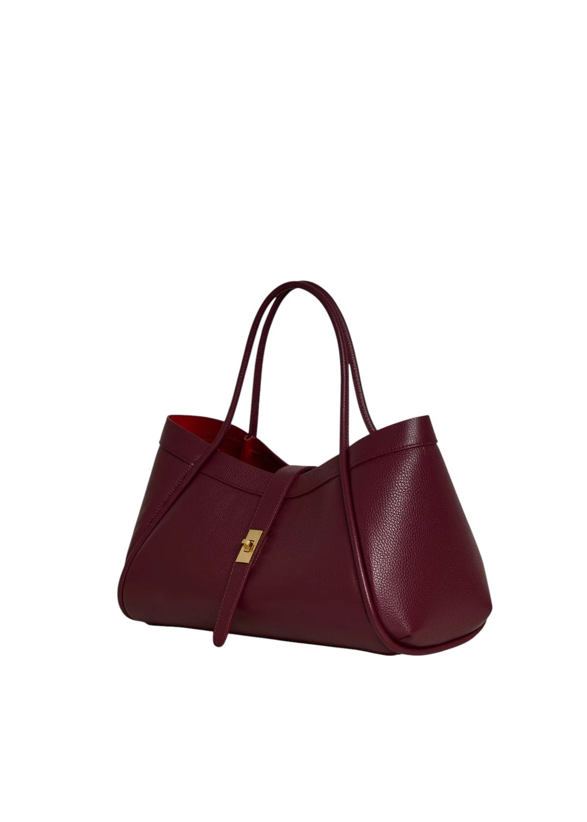 Lala Collection PAULINA burgundy Italian leather tote bag with gold twist lock and red interior lining