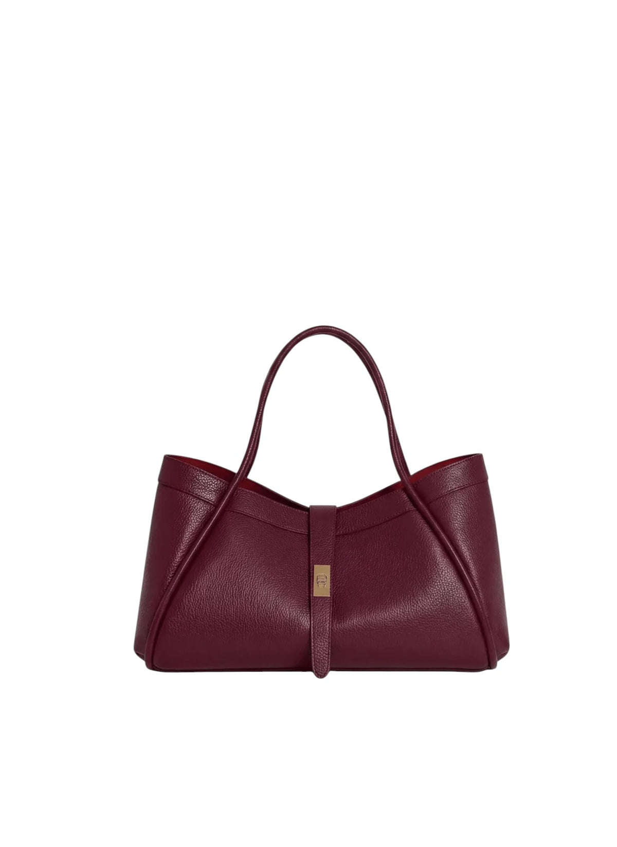 Lala Collection PAULINA tote bag in burgundy Italian pebbled leather with gold hardware and red interior lining