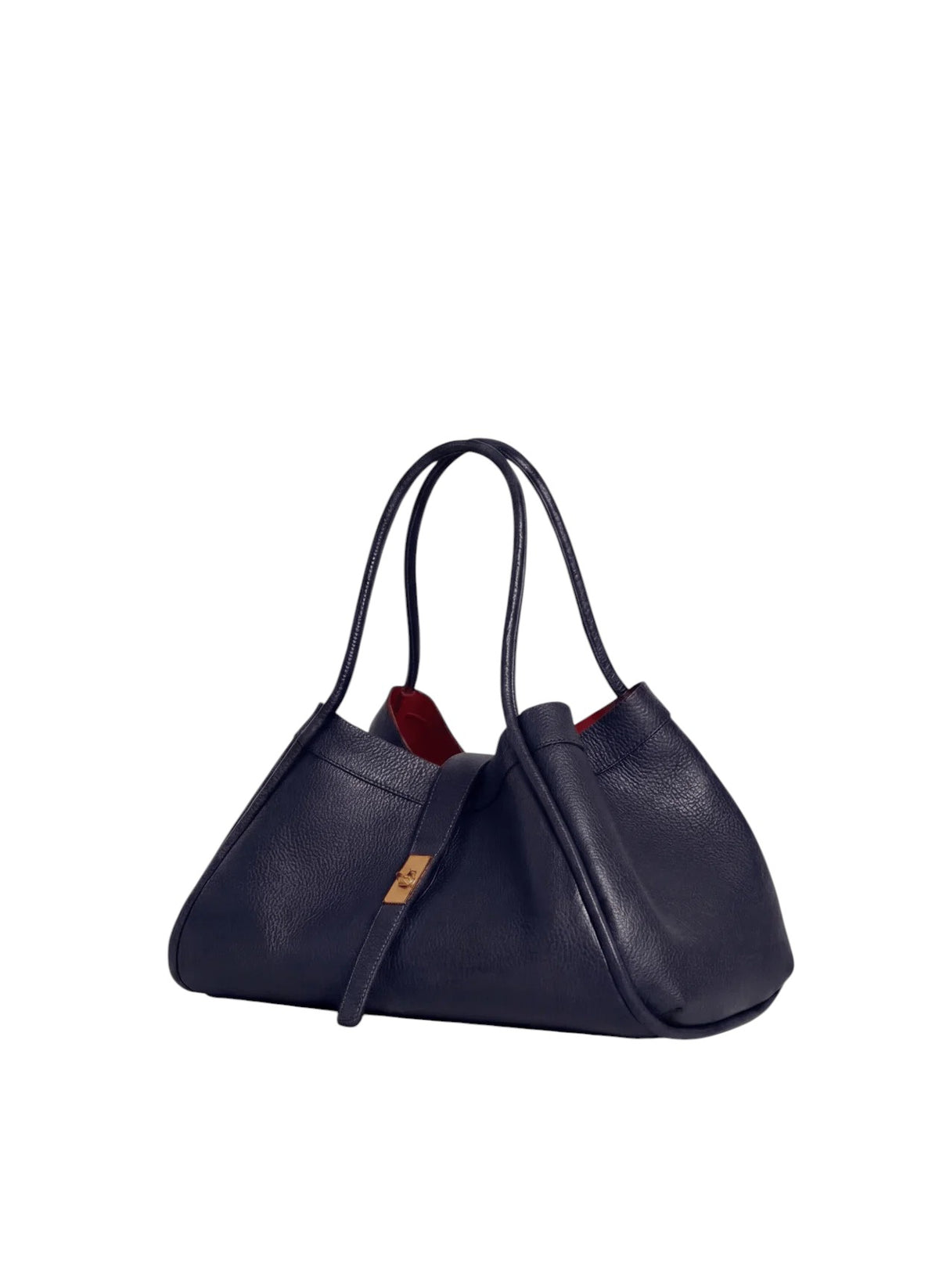 Lala Collection PAULINA tote bag in dark blue Italian grained leather with gold hardware and red interior lining