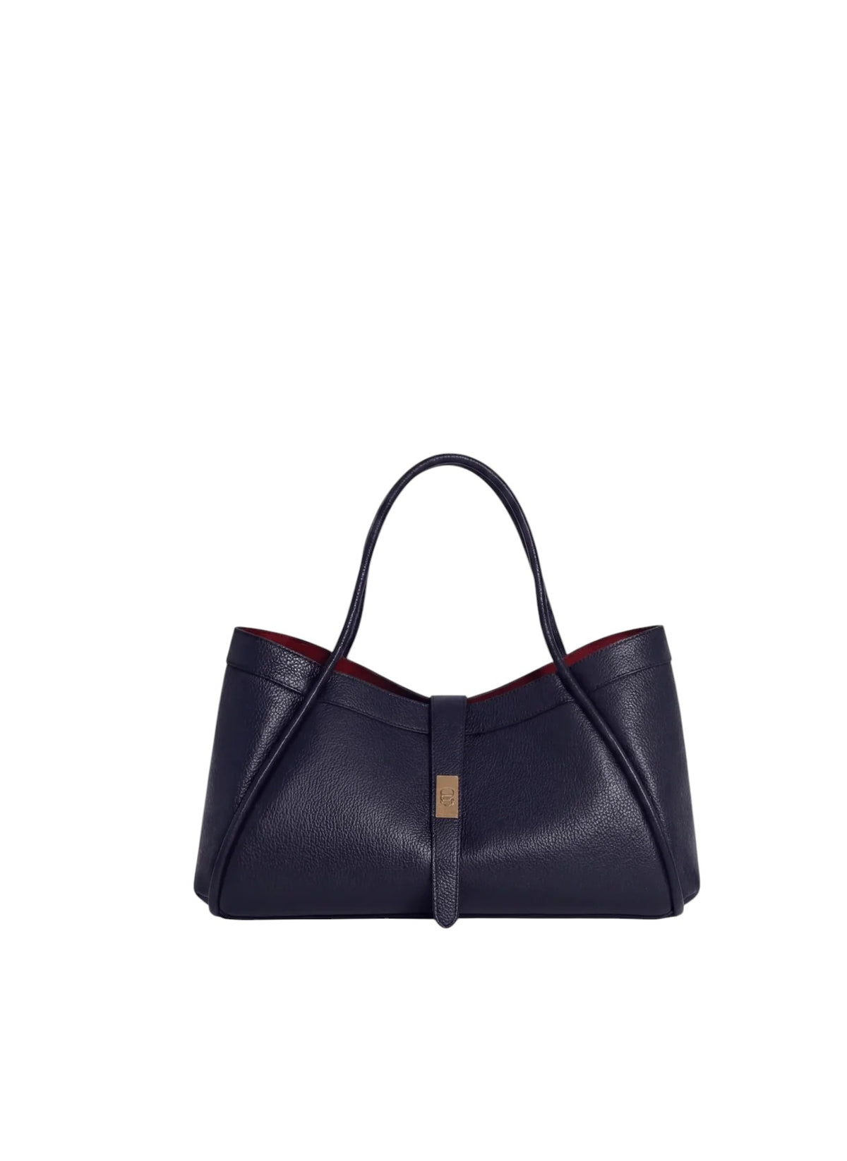 Lala Collection Paulina navy blue Italian leather tote bag with gold hardware and red interior lining