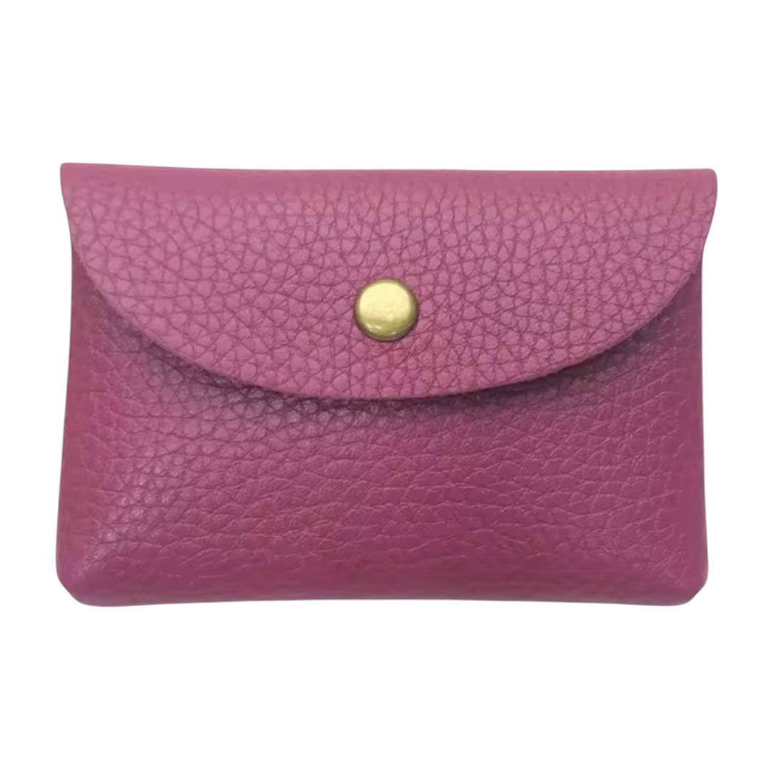 Lala Collection handcrafted pink genuine bovine leather card holder with a gold snap button closure