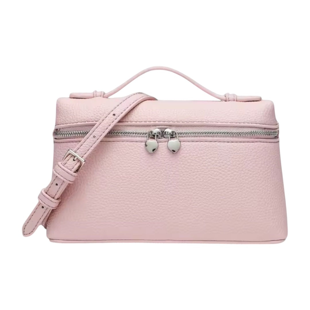 Lala Collection pink Italian leather mini bag with top handle, adjustable shoulder strap, and heart-shaped zippers.