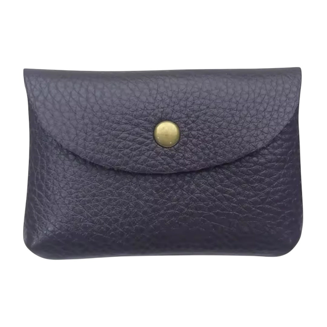 Lala Collection dark purple genuine leather card holder with a gold-tone snap button closure