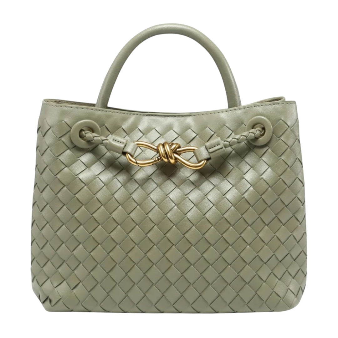 Lala Collection sage green hand-woven vegan leather handbag with gold hardware and magnetic knot closure
