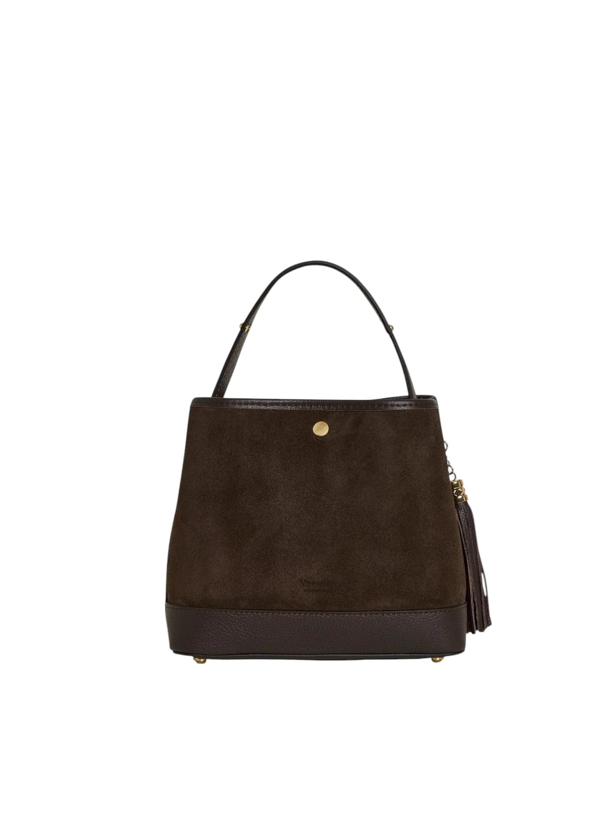 Lala Collection SOFI dark brown suede handbag with smooth leather base, top handle, and gold hardware details.