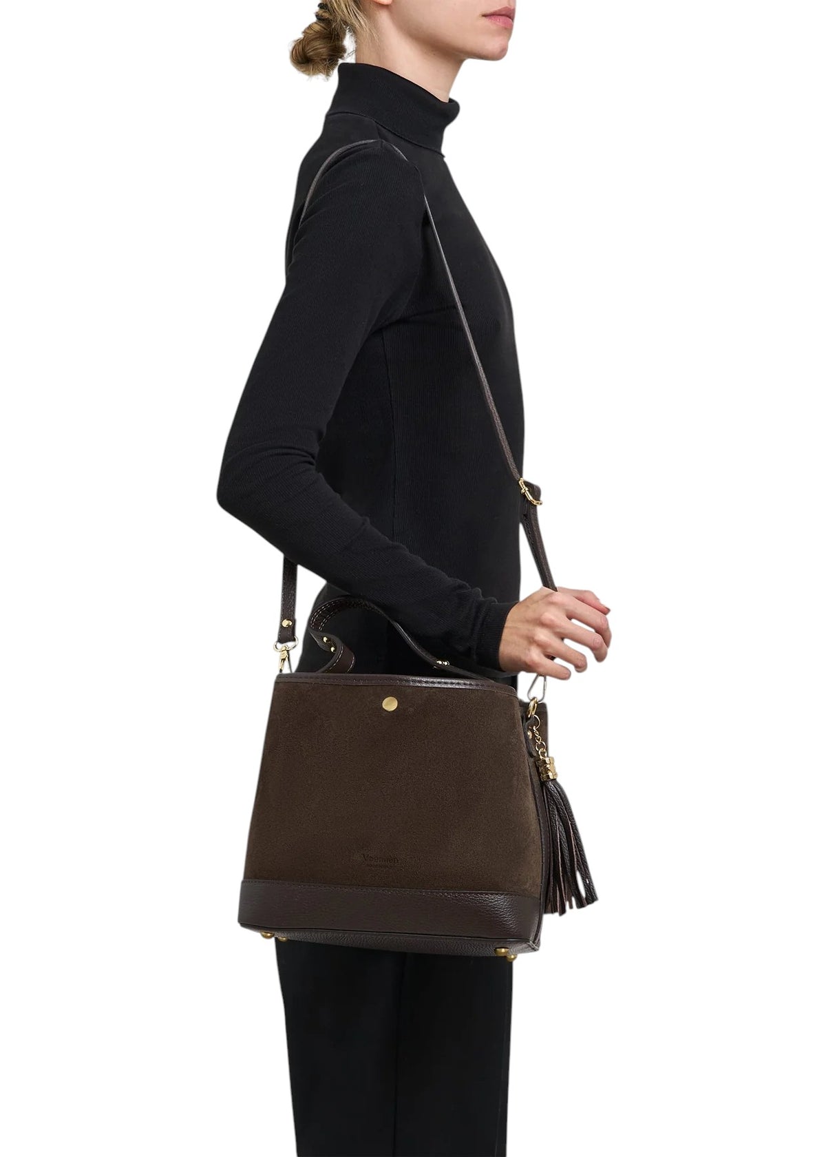 Lala Collection SOFI dark brown suede and smooth leather handbag with adjustable shoulder strap worn by a model