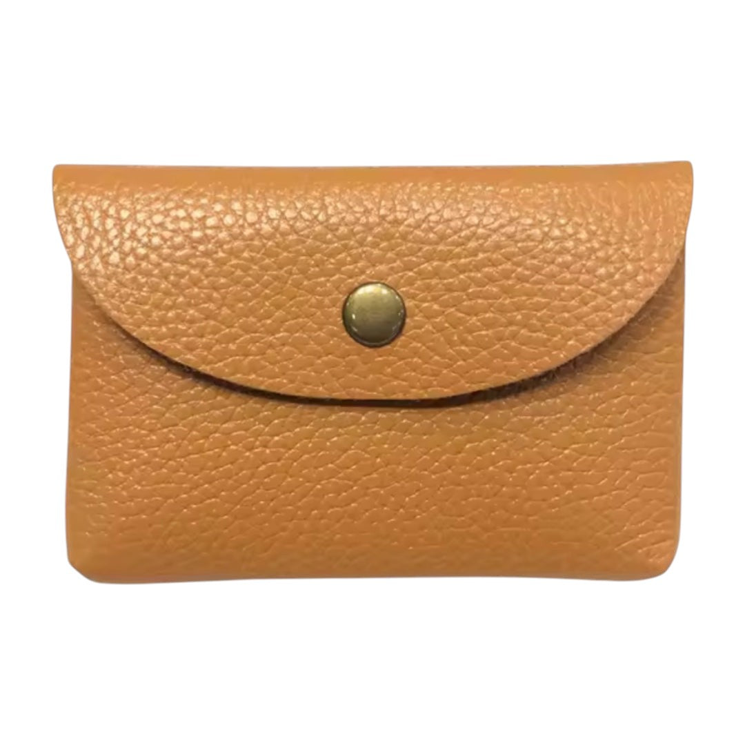 Lala Collection tan genuine leather card holder with a snap button closure and pebbled texture.