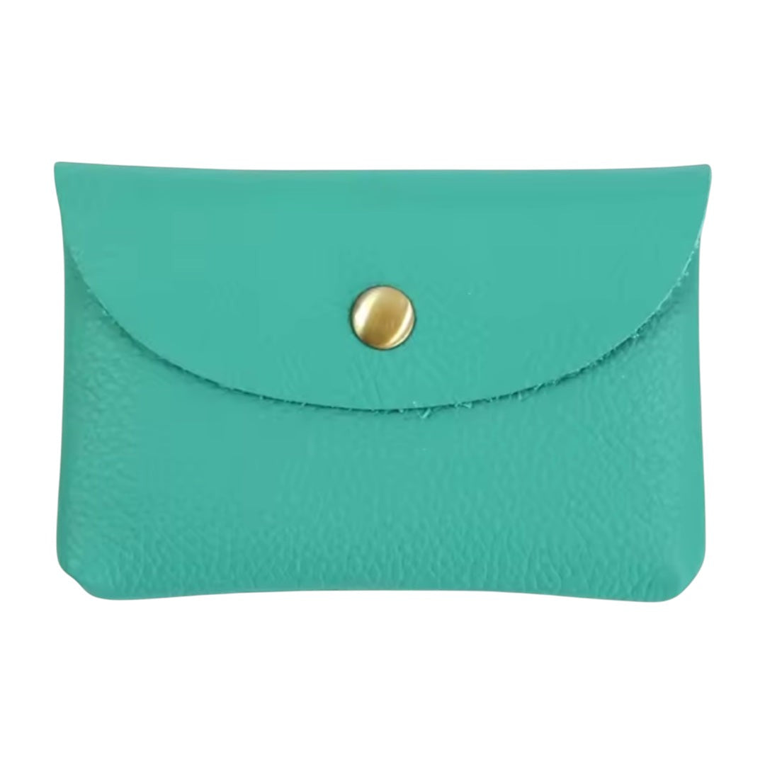 Lala Collection turquoise genuine leather card holder with a gold metal snap button closure on a matching background