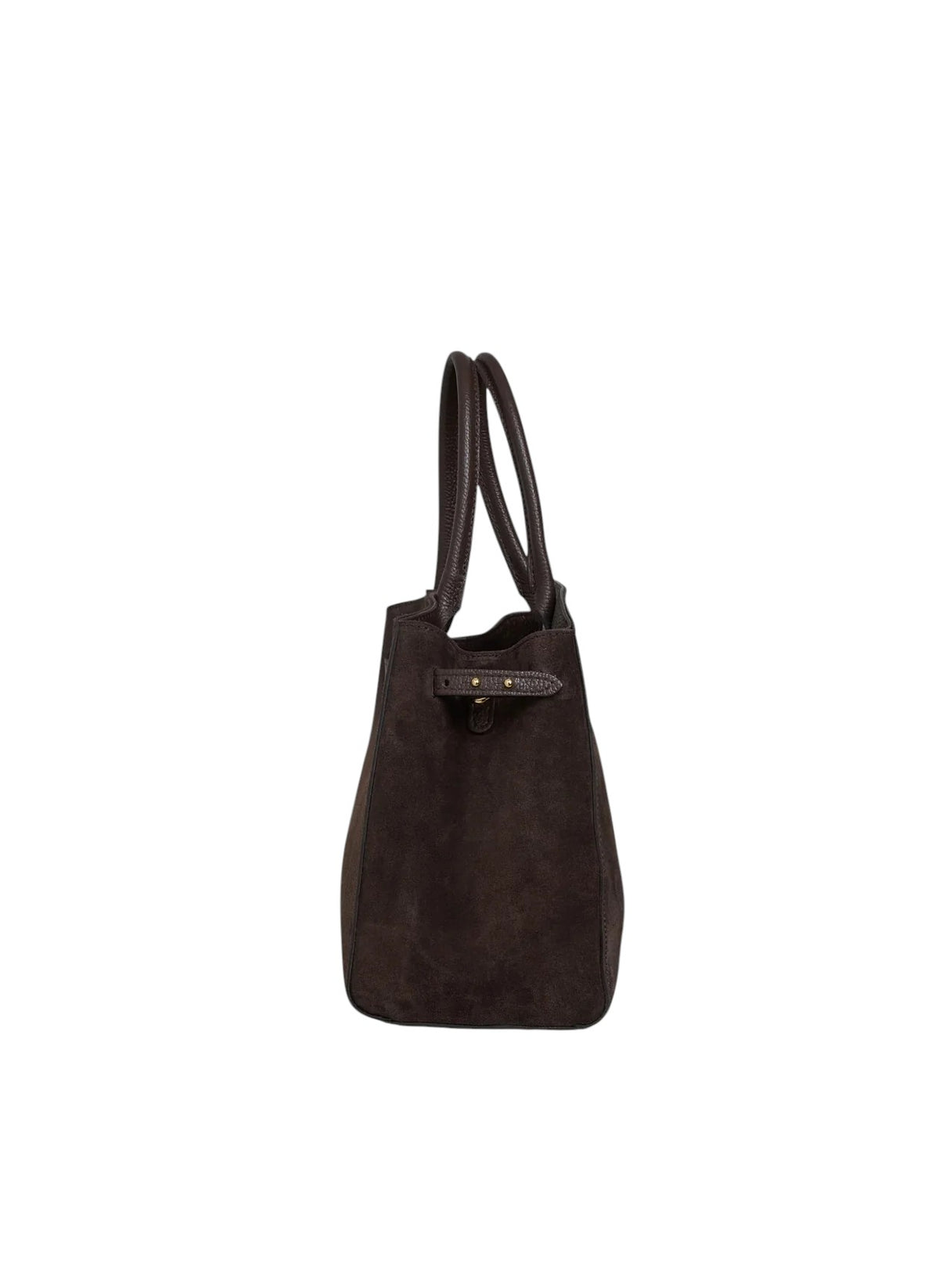 Lala Collection Victor bag in dark brown Italian suede leather, side view showing tote handles and gold hardware.