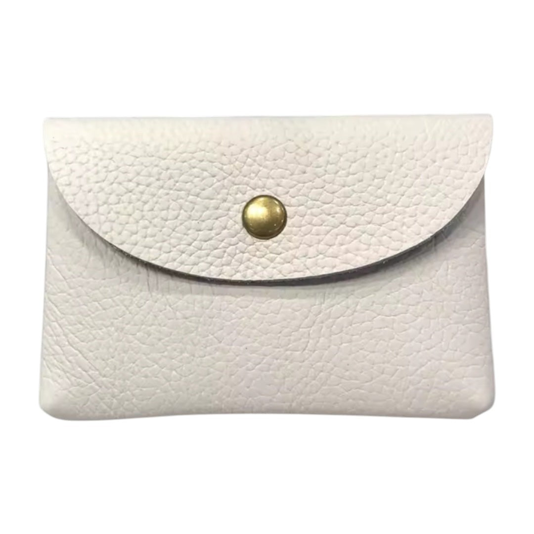 Lala Collection white genuine bovine leather card holder with a gold metal snap button closure